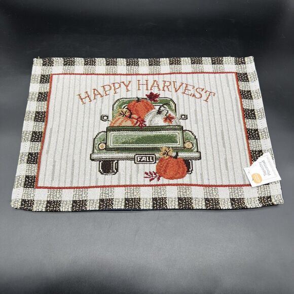 Fall Tapestry Fabric Placemats Set Of 4 Happy Harvest Retro Truck With Pumpkins - Picture 4 of 10